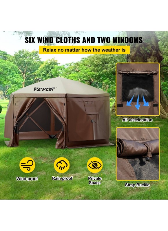 VEVOR Camping Gazebo Screen Tent 12*12FT 6 Sided Pop-Up Canopy Shelter Tent with Mesh Windows Portable Carry Bag Stakes Large Shade Tents for
