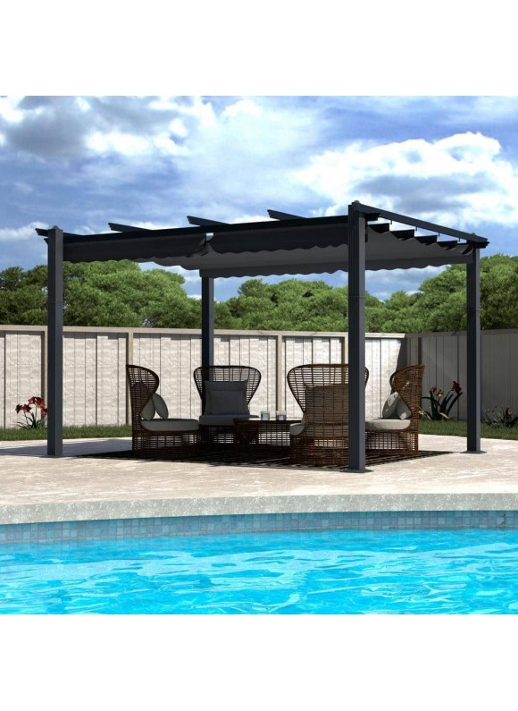 VEIKOUS 10 ft. x 13 ft. Dark Grey Aluminum Outdoor Patio Pergola with Retractable Sun Shade Canopy Cover, Gray