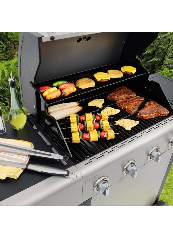 Kenmore 4-Burner Outdoor Propane GAS Grill with Side Burner, Open Cart, Stainless Steel