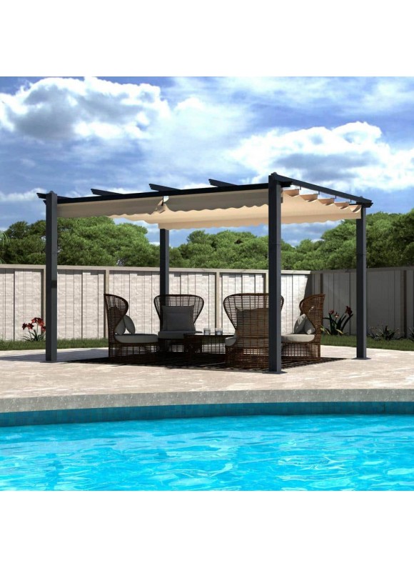 VEIKOUS 10 ft. x 13 ft. Beige Aluminum Outdoor Patio Pergola with Retractable Sun Shade Canopy Cover