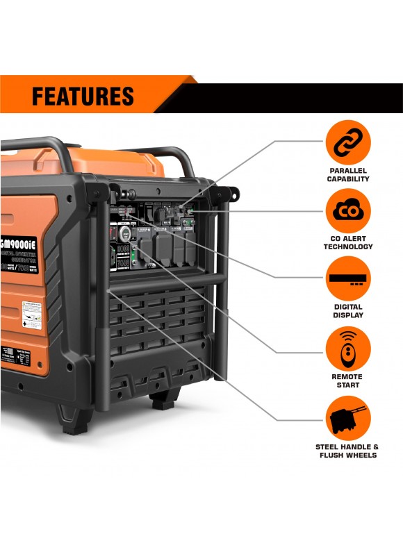 Genmax Portable Inverter Generator, 9000W Super Quiet GAS Powered Engine with Parallel Capability, Remote/Electric Start, Digital display,EPA