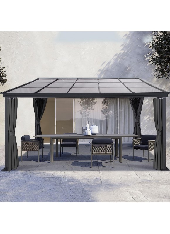 GARTOO 10′ x 13′ Outdoor Hardtop Gazebo, Wall-Mounted Aluminum Frame Pergola Sunroom with Sloping Polycarbonate Roof &amp; Double Curtains