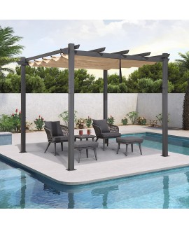 PURPLE LEAF 10’x10′ Outdoor Retractable Pergola with Sun Shade Canopy Patio Metal Shelter , Grill Gazebo Backyard Grape 