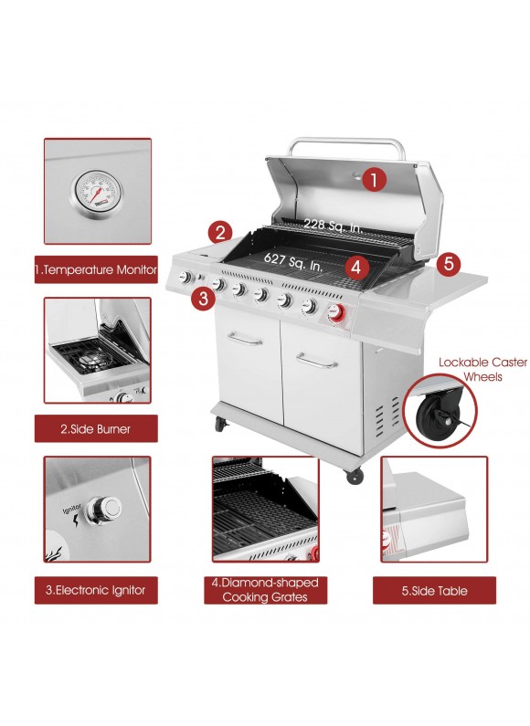Royal Gourmet GA6402S 6-Burner Propane GAS Grill in Stainless Steel with Sear Burner and Side Burner