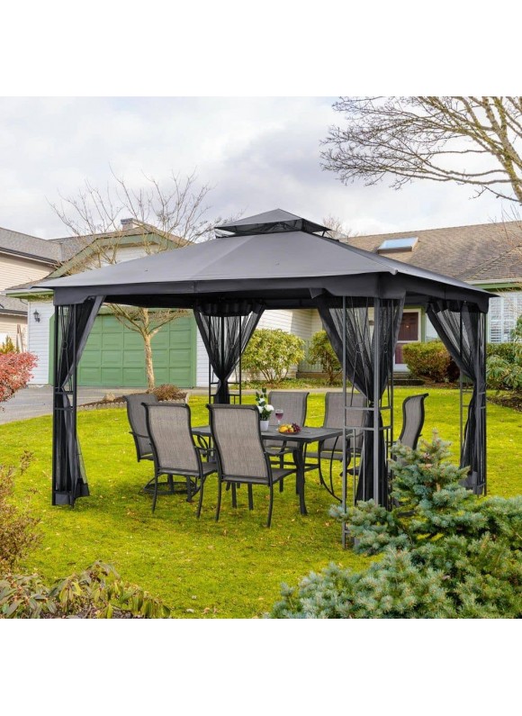 12 ft. W x 10 ft. D Gray Double Roof Patio Gazebo with Mosquito Net