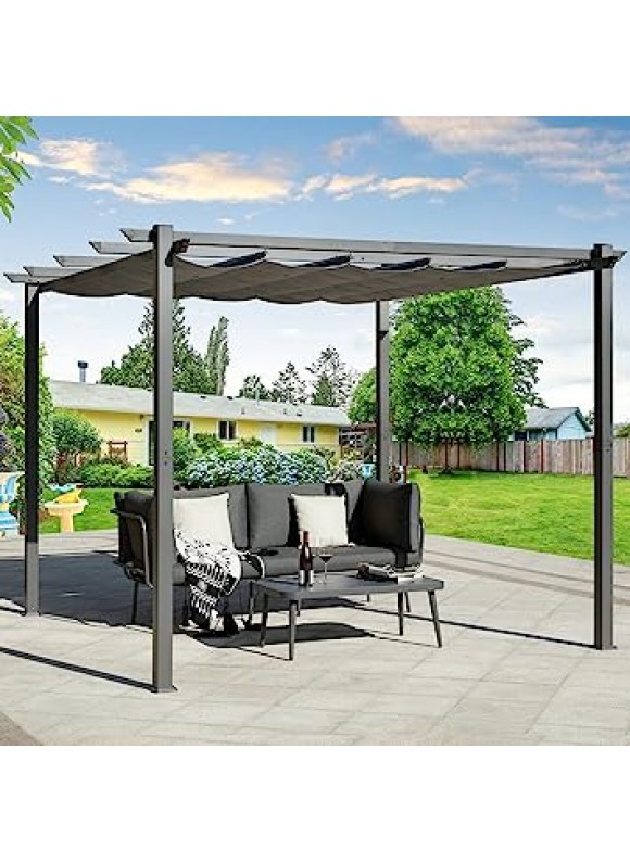 EROMMY 10' x 10' Outdoor Pergola with Retractable Canopy, Aluminum Frame, Patio Metal Shelter with Sun and Rain-Proof Canopy for Patio, Garden, Deck