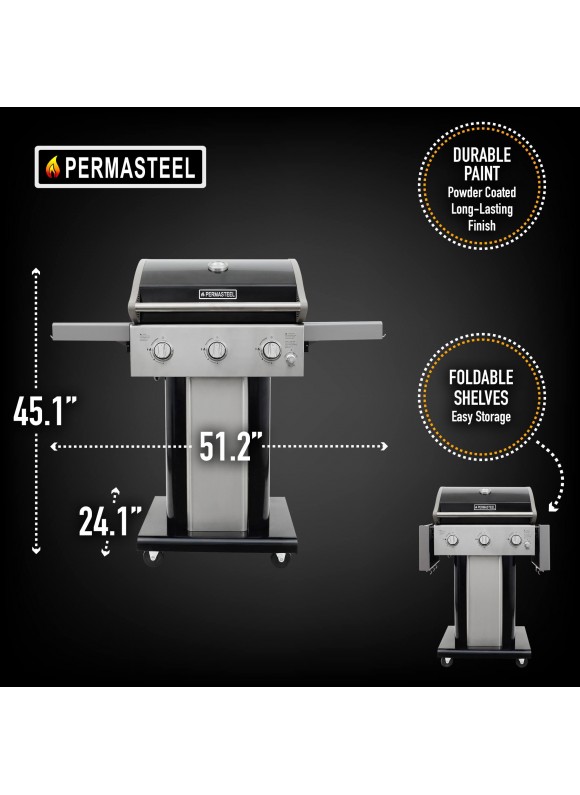 Permasteel 3-Burner GAS Grill w/ Folding Side Shelves - Black