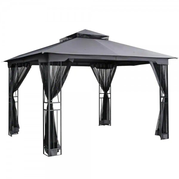 12 ft. W x 10 ft. D Gray Double Roof Patio Gazebo with Mosquito Net 