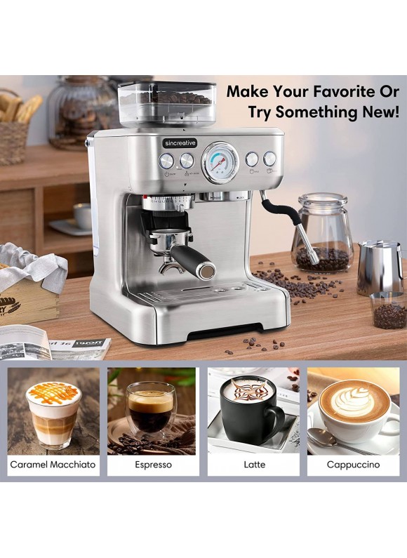 Sincreative Espresso Machine &amp; Coffee Maker - 20Bar Semi Automatic Espresso Machine with Grinder &amp; Steam Wand – All in One Espresso Maker &amp; Latte