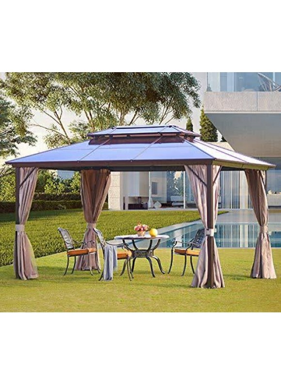 Yoleny 10'x13' Outdoor Polycarbonate Double Roof Hardtop Gazebo Canopy Curtains Aluminum Frame with Netting for Garden, Patio