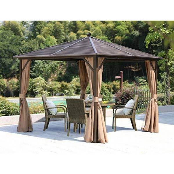 EROMMY 10'x12' Outdoor Hardtop Polycarbonate Gazebo Canopy Curtains Aluminum Frame with Netting for Garden,Patio 