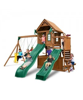 Swing-N-Slide WS 8353 Knightsbridge Deluxe Wooden Swing Set with Two Slides Climbing Wall Swings Glider &amp; Picnic Table Wood 