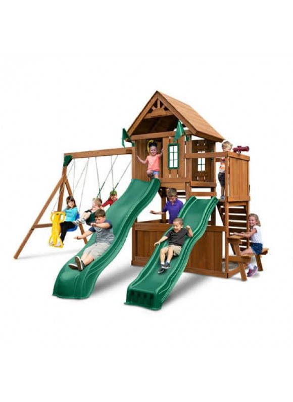Swing-N-Slide WS 8353 Knightsbridge Deluxe Wooden Swing Set with Two Slides Climbing Wall Swings Glider &amp; Picnic Table Wood