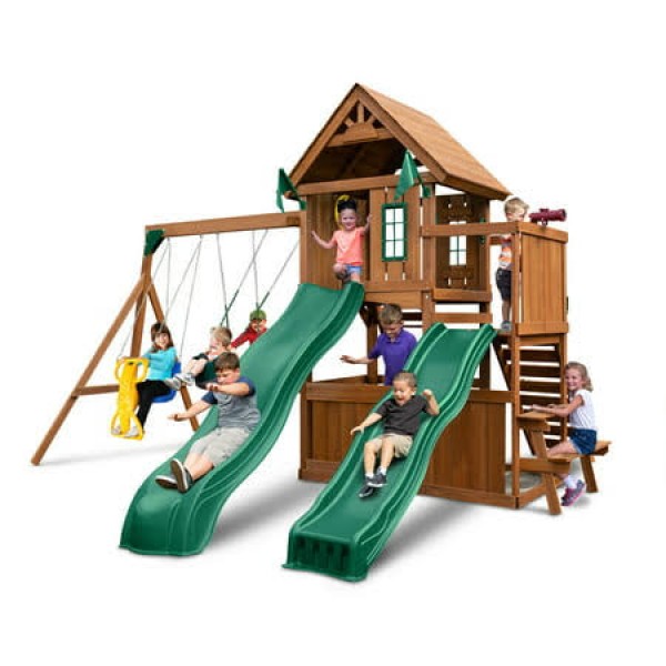 Swing-N-Slide WS 8353 Knightsbridge Deluxe Wooden Swing Set with Two Slides Climbing Wall Swings Glider &amp; Picnic Table Wood 