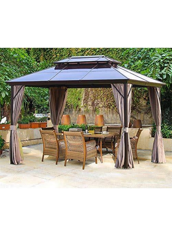 Yoleny 10'x13' Outdoor Polycarbonate Double Roof Hardtop Gazebo Canopy Curtains Aluminum Frame with Netting for Garden, Patio