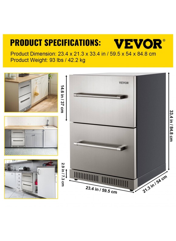 VEVOR 24'' Under Counter Refrigerator Built-in 2 Drawer Refrigerator Fridge