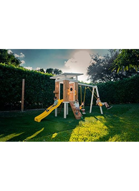 Avenlur Modern Outdoor Backyard Swing Set Children's Rock Climbing Wood Playground Playset 2 Belt Swings, Clubhouse Fort, Windows, Ladder, Wavy Slide
