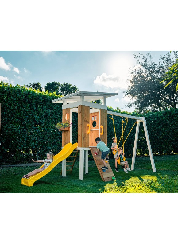 Avenlur Modern Outdoor Backyard Swing Set Children's Rock Climbing Wood Playground Playset 2 Belt Swings, Clubhouse Fort, Windows, Ladder, Wavy Slide