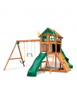 Gorilla Playsets DIY Outing III Wooden Outdoor Playset with Wood Roof, Tube Slide, Rock Wall, Sandbox, and Backyard Swing Set Accessories 