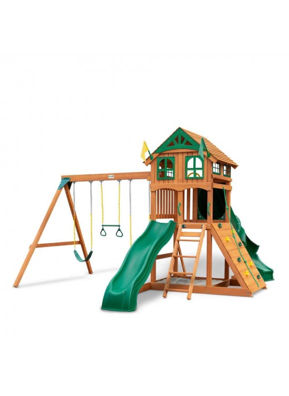 Gorilla Playsets DIY Outing III Wooden Outdoor Playset with Wood Roof, Tube Slide, Rock Wall, Sandbox, and Backyard Swing Set Accessories