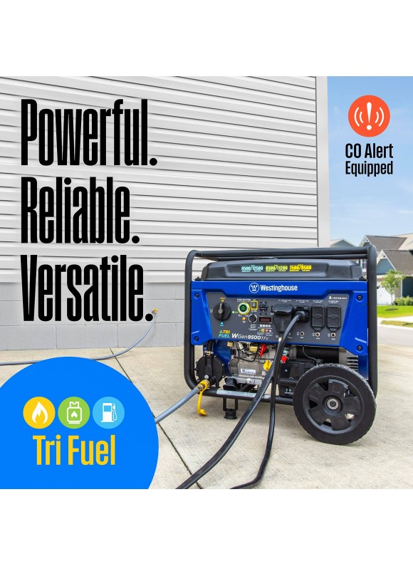 Westinghouse 12,500/9,500-Watt Tri-Fuel Portable Generator with Remote Start, Transfer Switch Outlet and Co Sensor