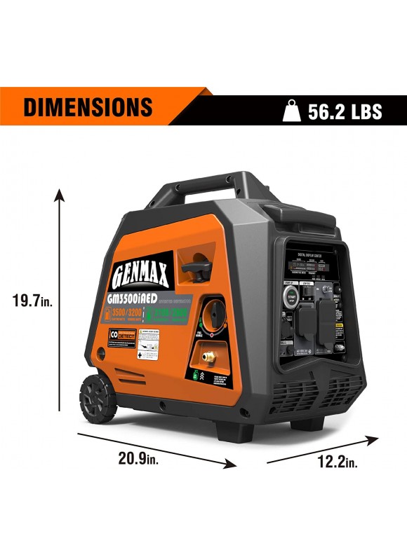 Genmax Dual Fuel Portable Inverter Co Alert Generator, 3500W Super Quiet GAS or Propane Powered Engine with Parallel Capability, Remote/Electric Start