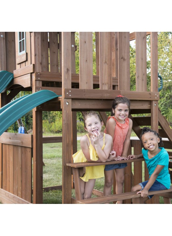 Swing-N-Slide WS 8353 Knightsbridge Deluxe Wooden Swing Set with Two Slides Climbing Wall Swings Glider &amp; Picnic Table Wood