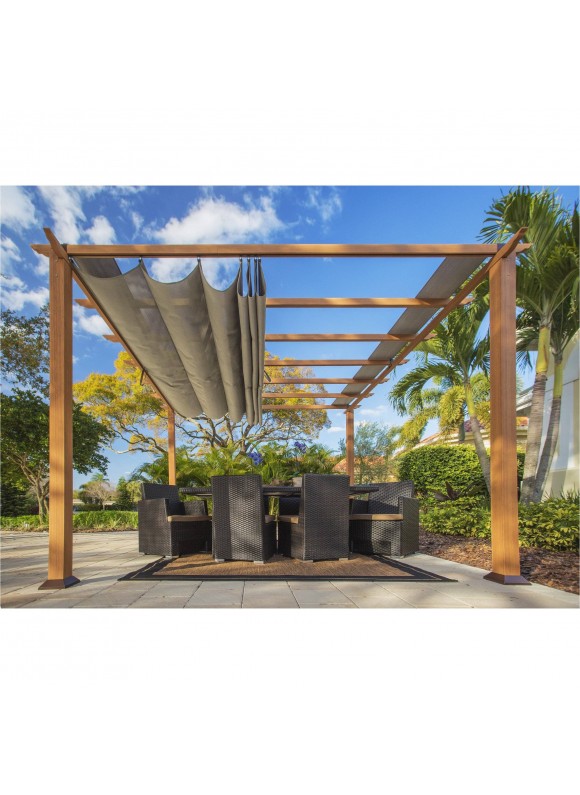 Paragon Outdoor Florence Aluminum Pergola 11x11 - Convertible Canopy, Canadian Cedar / Sand