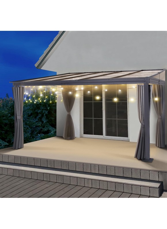 GARTOO 10′ x 13′ Outdoor Hardtop Gazebo, Wall-Mounted Aluminum Frame Pergola Sunroom with Sloping Polycarbonate Roof &amp; Double Curtains