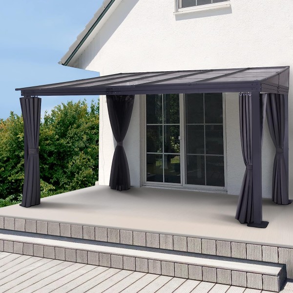 GARTOO 10′ x 13′ Outdoor Hardtop Gazebo, Wall-Mounted Aluminum Frame Pergola Sunroom with Sloping Polycarbonate Roof &amp; Double Curtains 