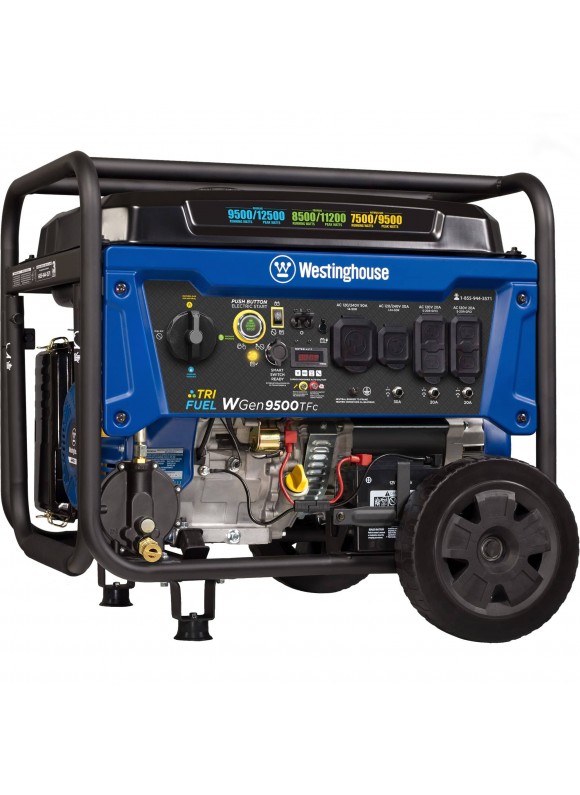 Westinghouse 12,500/9,500-Watt Tri-Fuel Portable Generator with Remote Start, Transfer Switch Outlet and Co Sensor