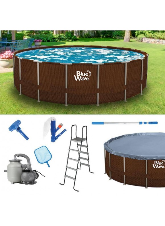 Blue Wave Mocha Wicker 18-ft Round 52-in Deep Frame Swimming Pool Package with Cover