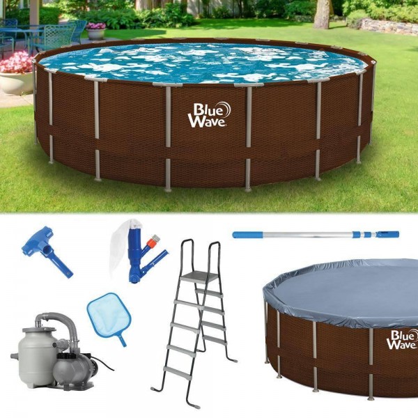 Blue Wave Mocha Wicker 18-ft Round 52-in Deep Frame Swimming Pool Package with Cover 