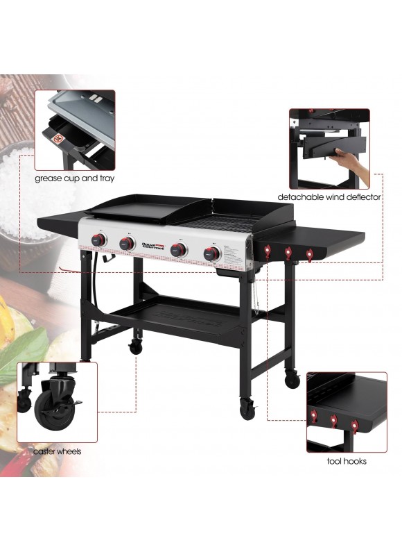 Royal Gourmet GD403 4-Burner 48,000 BTU Portable Flat Top GAS Grill and Griddle Combo Grill in Black