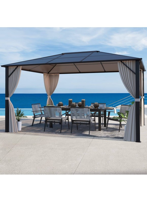 EROMMY 10'x12' Outdoor Hardtop Polycarbonate Gazebo Canopy Curtains Aluminum Frame with Netting for Garden,Patio