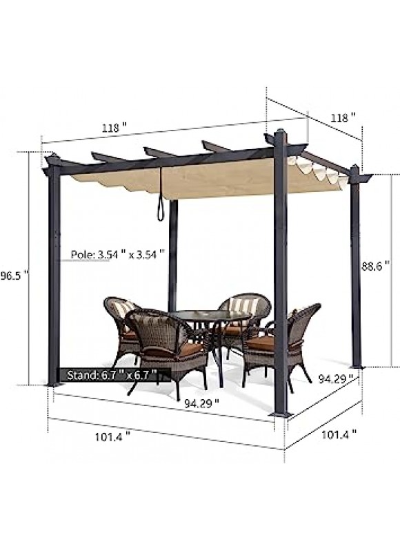PURPLE LEAF 10’x10′ Outdoor Retractable Pergola with Sun Shade Canopy Patio Metal Shelter , Grill Gazebo Backyard Grape