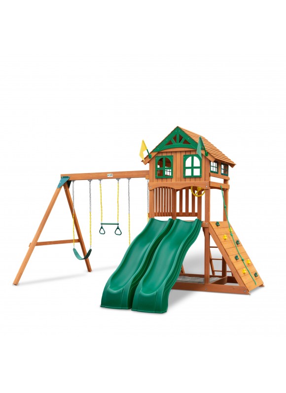 Gorilla Playsets 01-1087 Avalon Wooden Swing Set with Wood Roof, Two Slides, Climbing Wall, Ladder, and Swings, Cedar