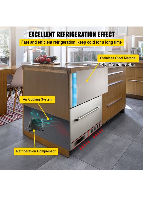 VEVOR 24'' Under Counter Refrigerator Built-in 2 Drawer Refrigerator Fridge