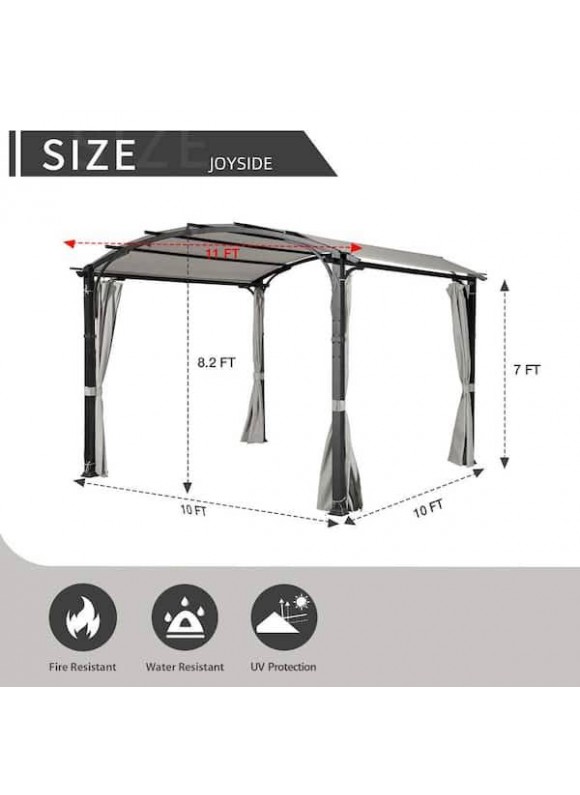 Joyside 11 ft. x 11 ft. Black Steel Arched Pergola with Grey Curtain and Canopy, Gray