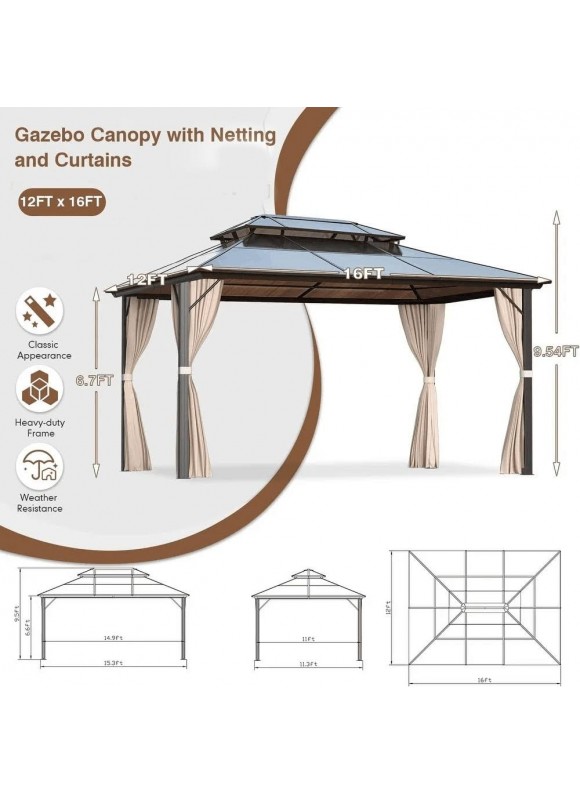 10x13ft Outdoor Double Roof Gazebo with Netting and Curtains - Beige