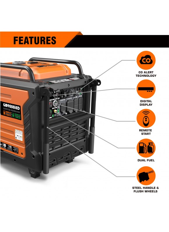 Genmax Portable Inverter Generator, 9000W Super Quiet GAS Propane Powered Engine with Parallel Capability, Remote/Electric Start, Ideal for Home